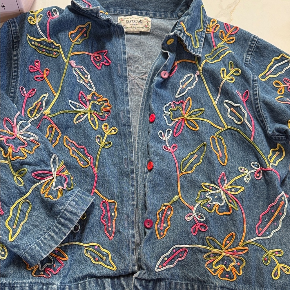 Embroidered Denim Jacket with Floral Design